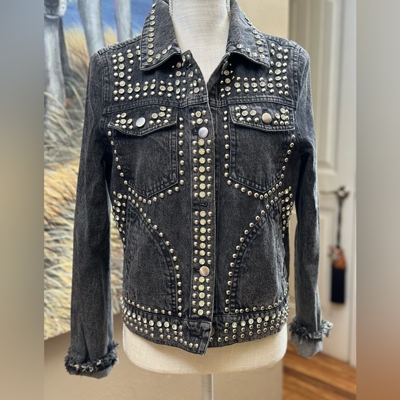 Aqua Luxe SM metal studded denim jean jacket handpainted horse native American - Picture 3 of 11